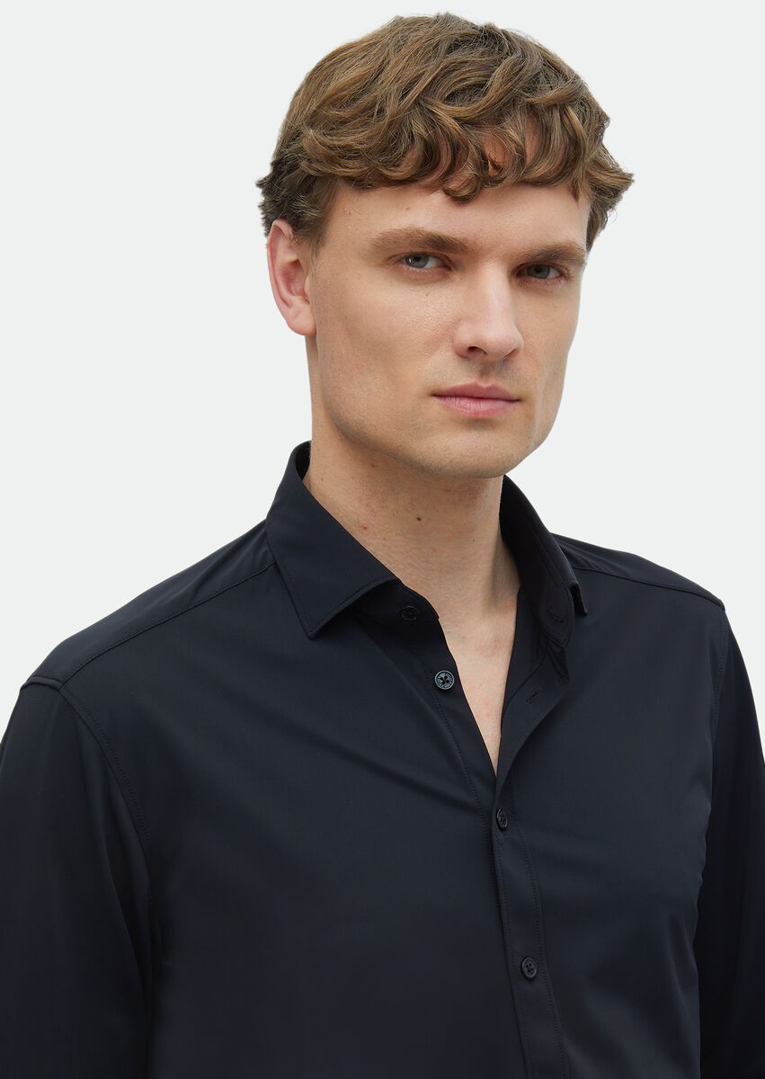 Black Plain Regular Fit Weaving Classical Shirt - 3