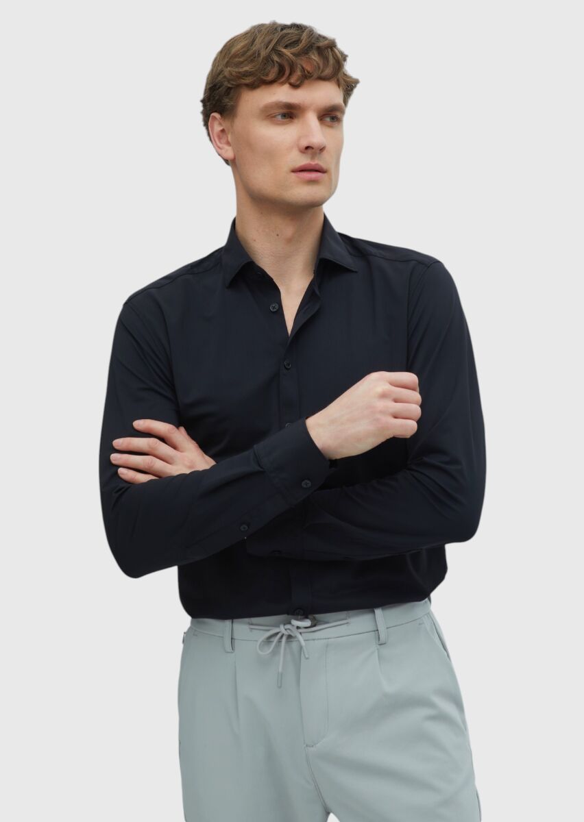 Black Plain Regular Fit Weaving Classical Shirt - 1