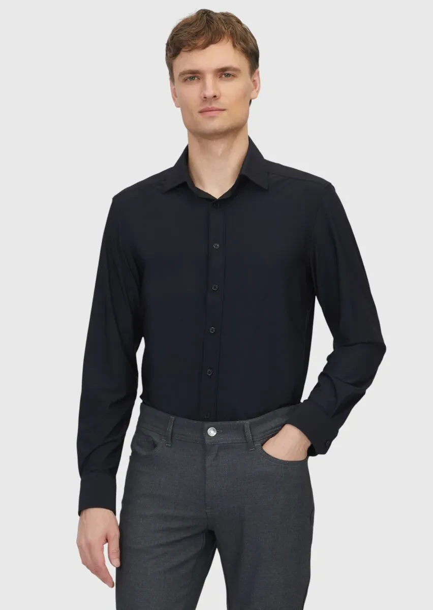 Black Plain Regular Fit Weaving Classical Shirt - 1