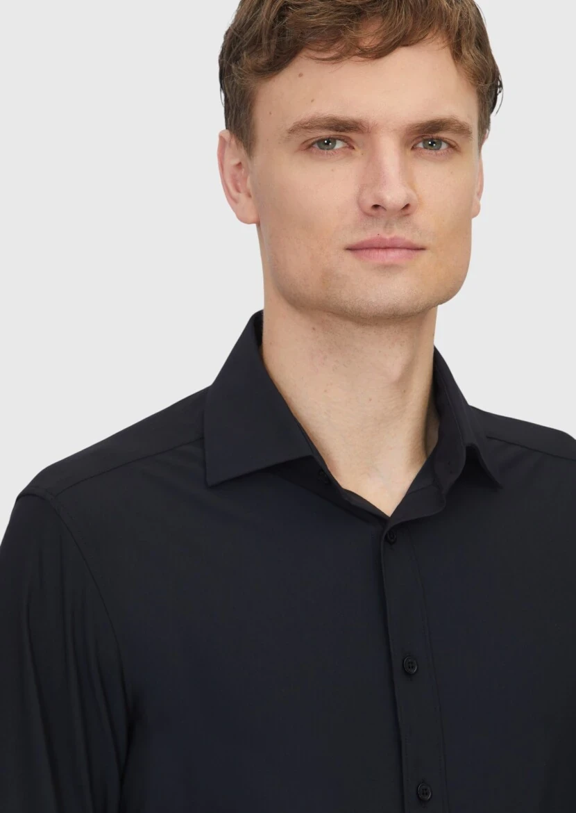 Black Plain Regular Fit Weaving Classical Shirt - 3