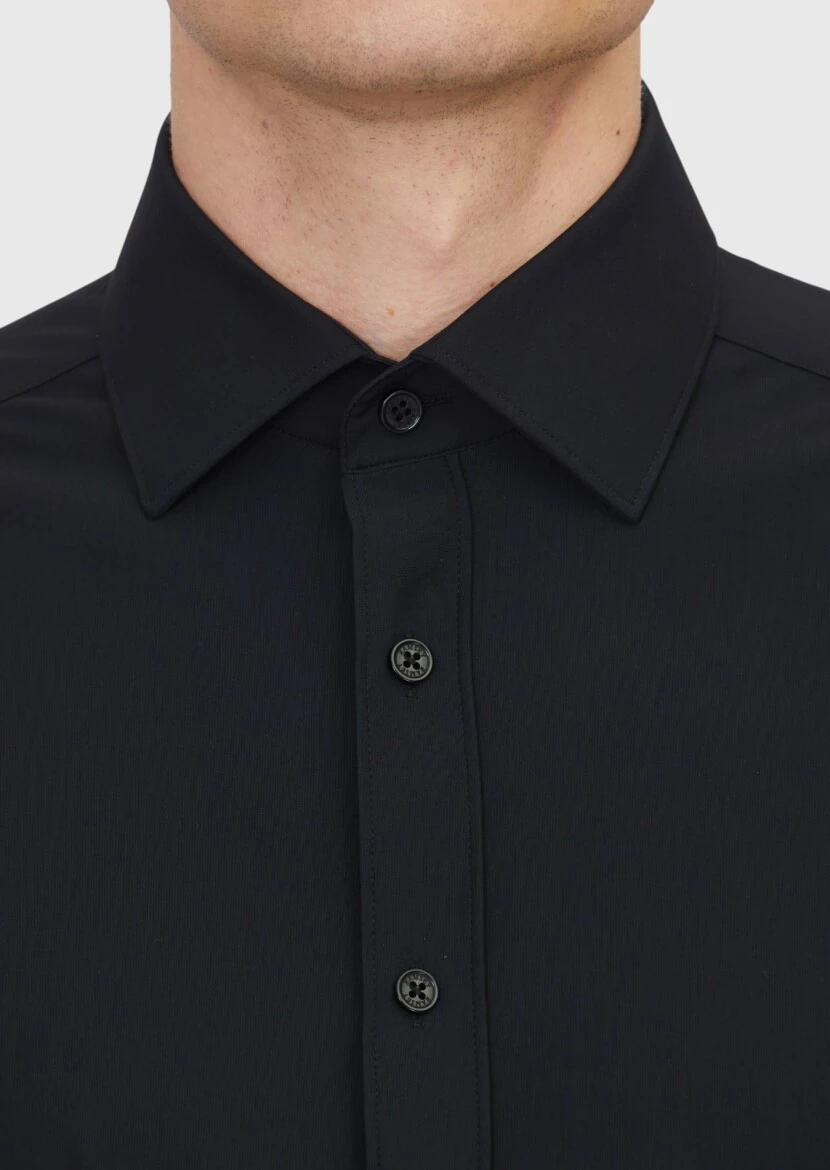 Black Plain Regular Fit Weaving Classical Shirt - 5