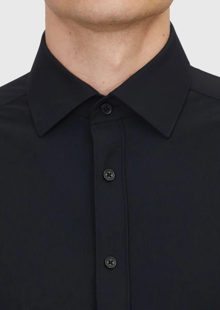 Black Plain Regular Fit Weaving Classical Shirt - 5