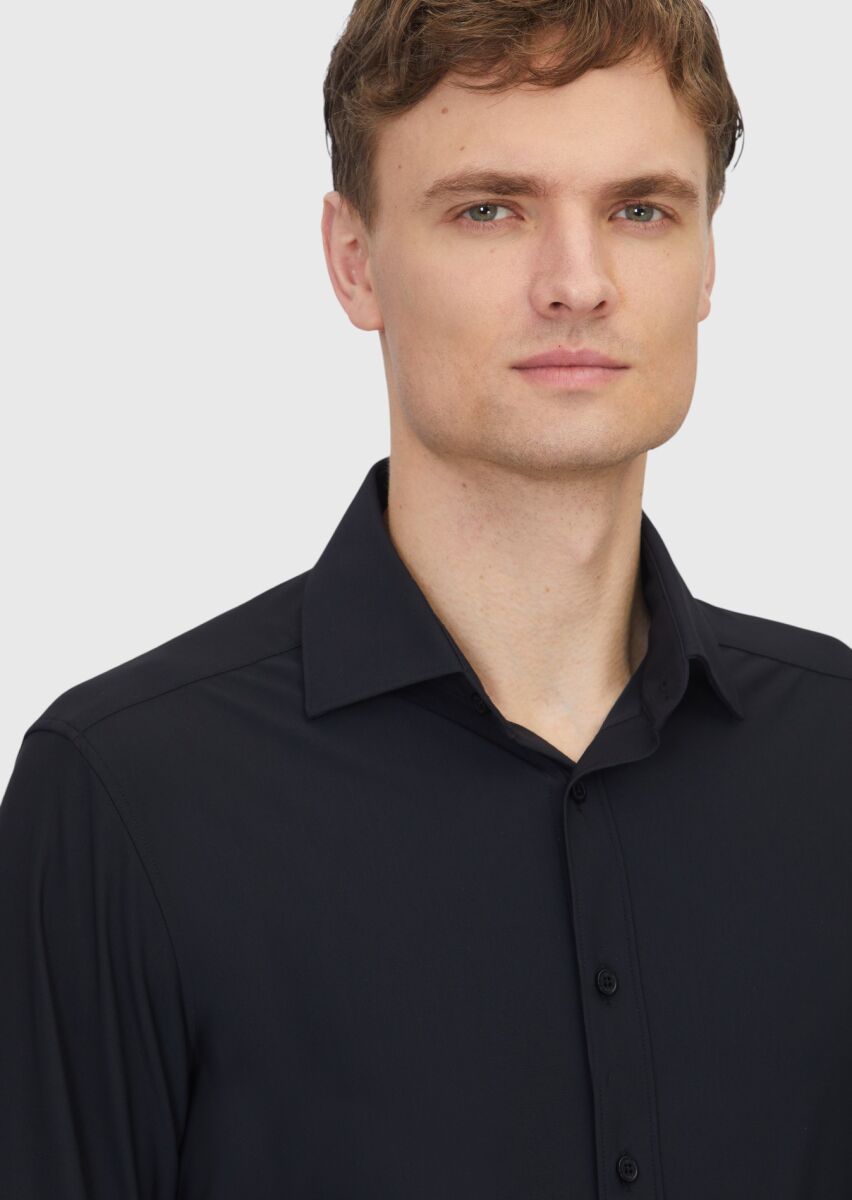 Black Plain Regular Fit Weaving Classical Shirt - 3