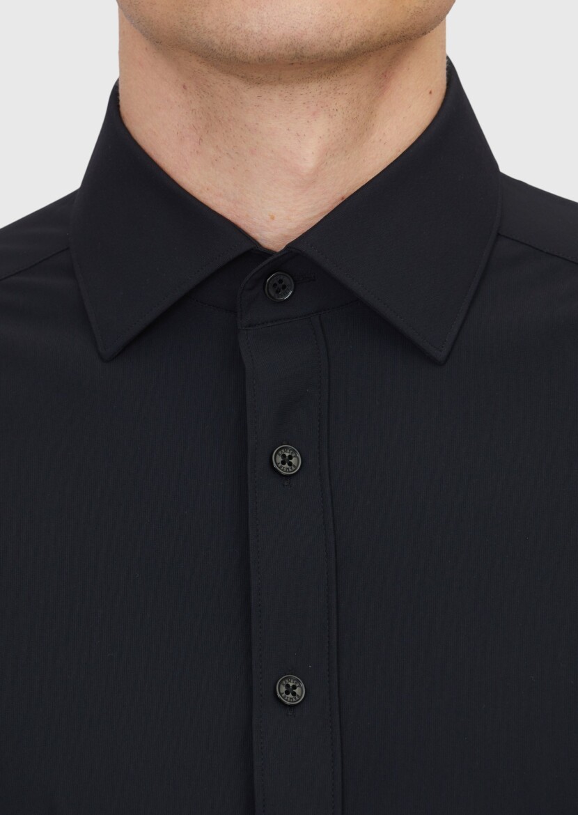 Black Plain Regular Fit Weaving Classical Shirt - 5