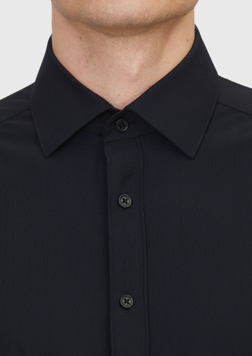 Black Plain Regular Fit Weaving Classical Shirt - 5