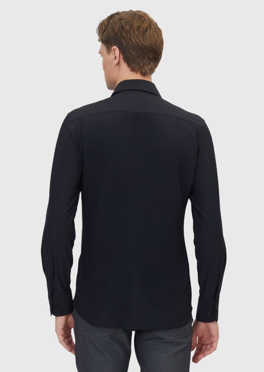 Black Plain Regular Fit Weaving Classical Shirt - 7
