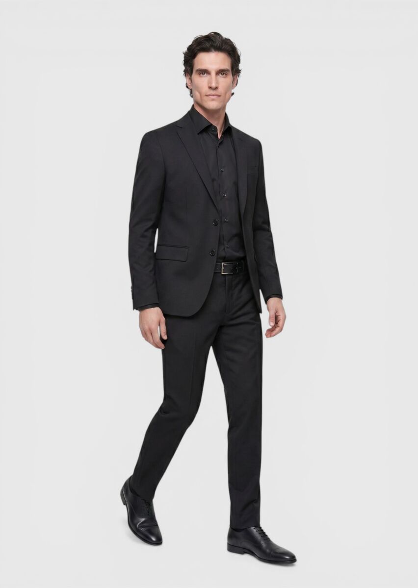 Black Plain Regular Fit Wool Blended Suit - 2