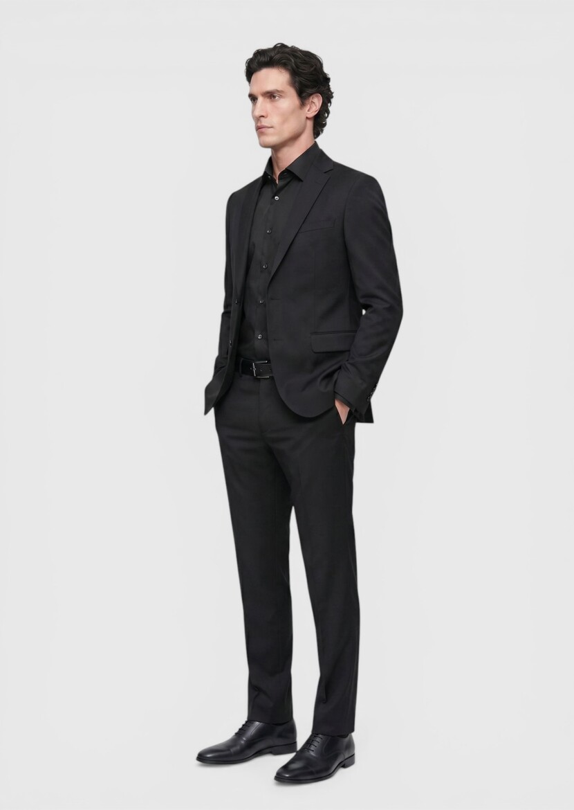 Black Plain Regular Fit Wool Blended Suit - 3