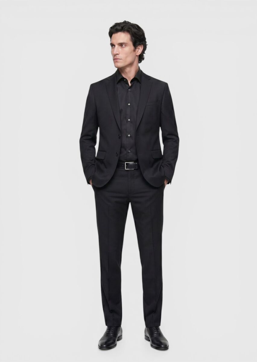 Black Plain Regular Fit Wool Blended Suit - 4