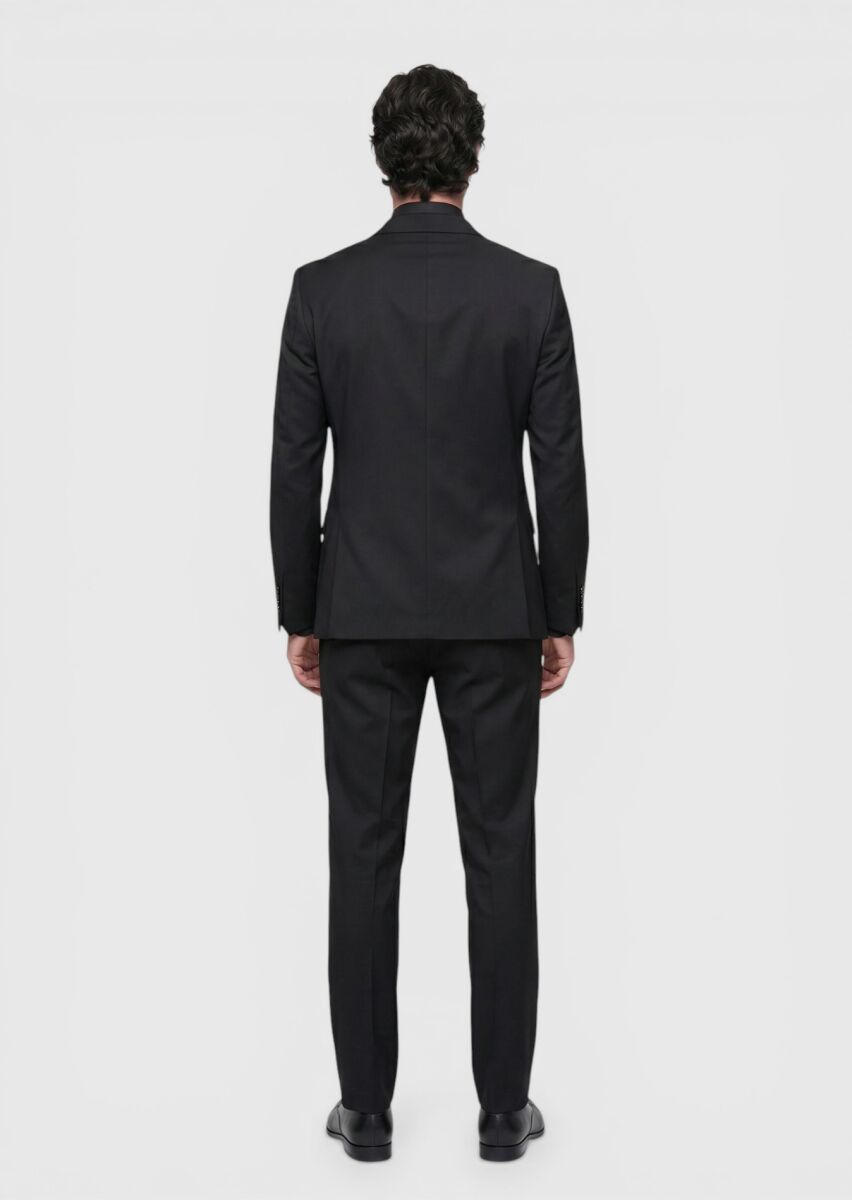 Black Plain Regular Fit Wool Blended Suit - 5