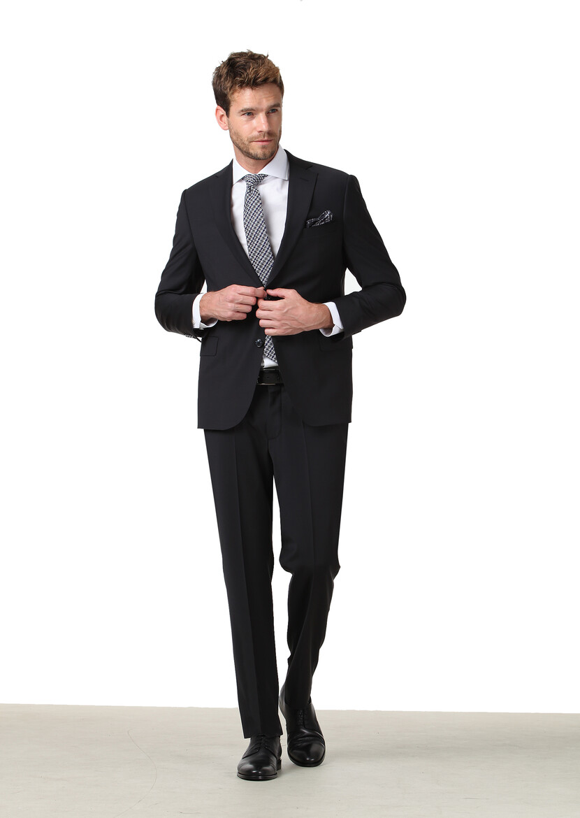 Black Plain Regular Fit Wool Blended Suit - 1