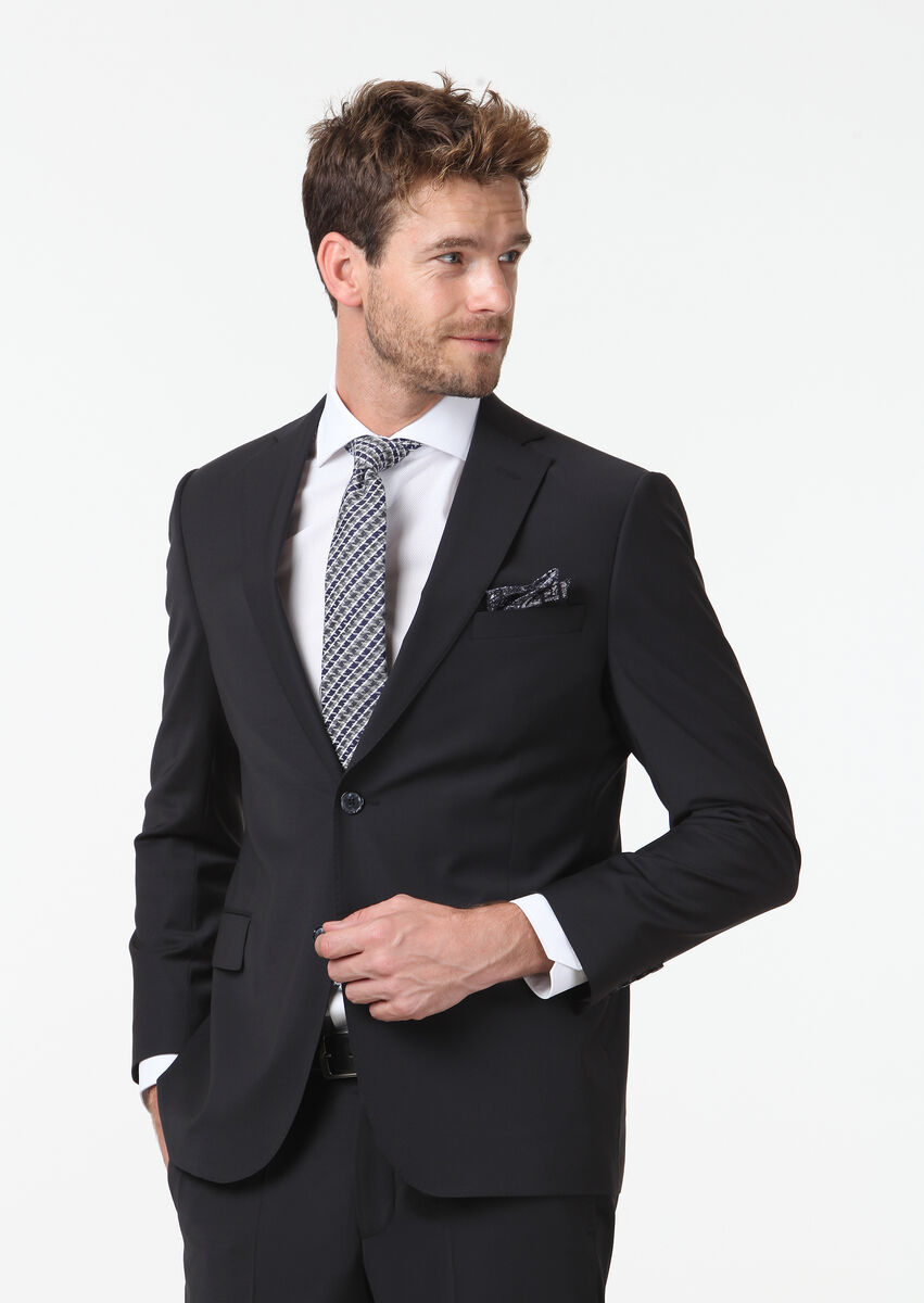 Black Plain Regular Fit Wool Blended Suit - 2