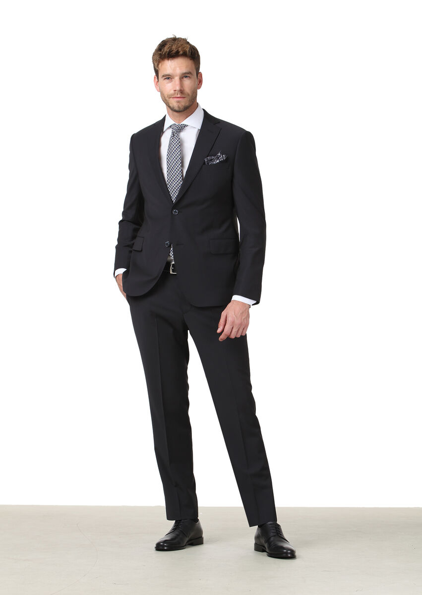 Black Plain Regular Fit Wool Blended Suit - 3