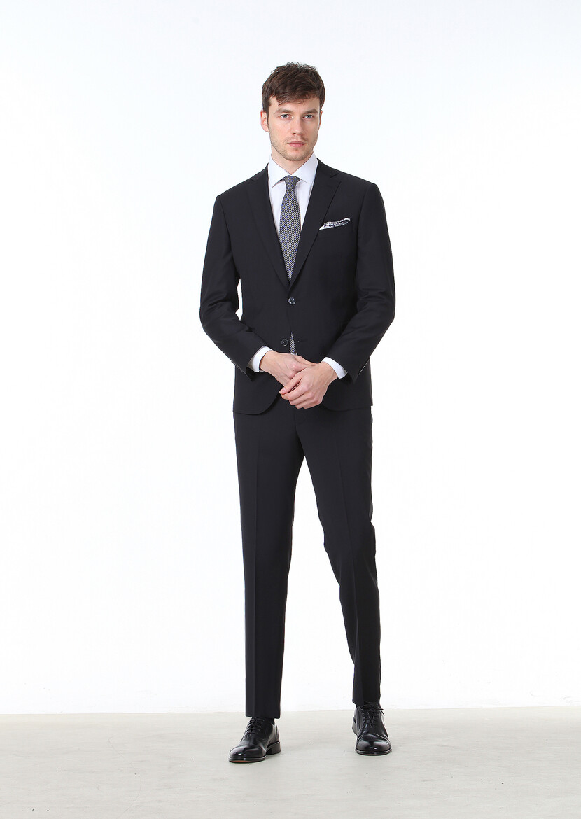 Black Plain Regular Fit Wool Blended Suit - 1