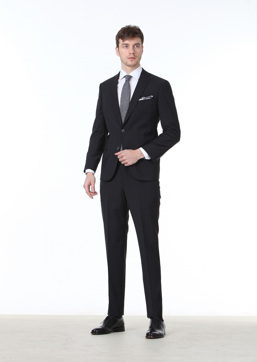 Black Plain Regular Fit Wool Blended Suit - 2