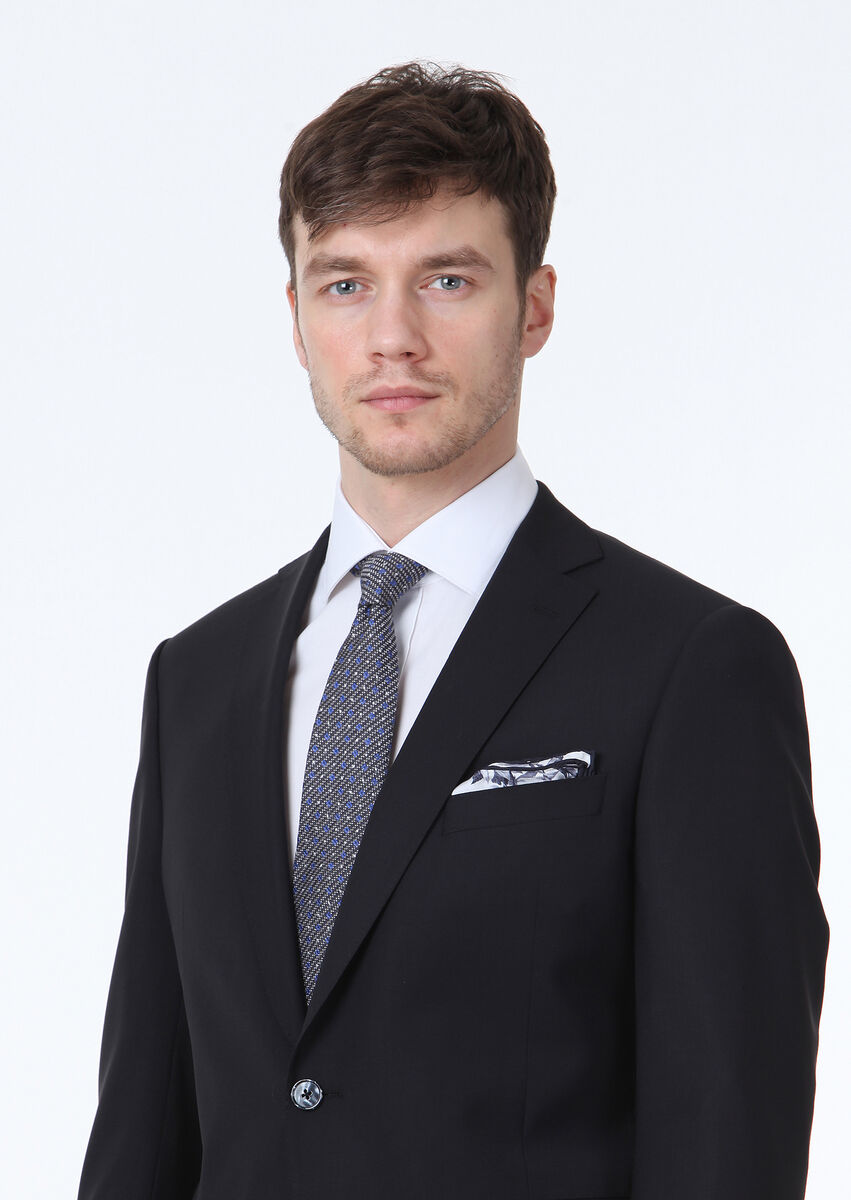 Black Plain Regular Fit Wool Blended Suit - 3