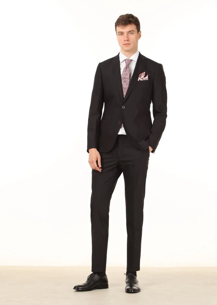 Black Plain Regular Fit Wool Blended Suit - 3