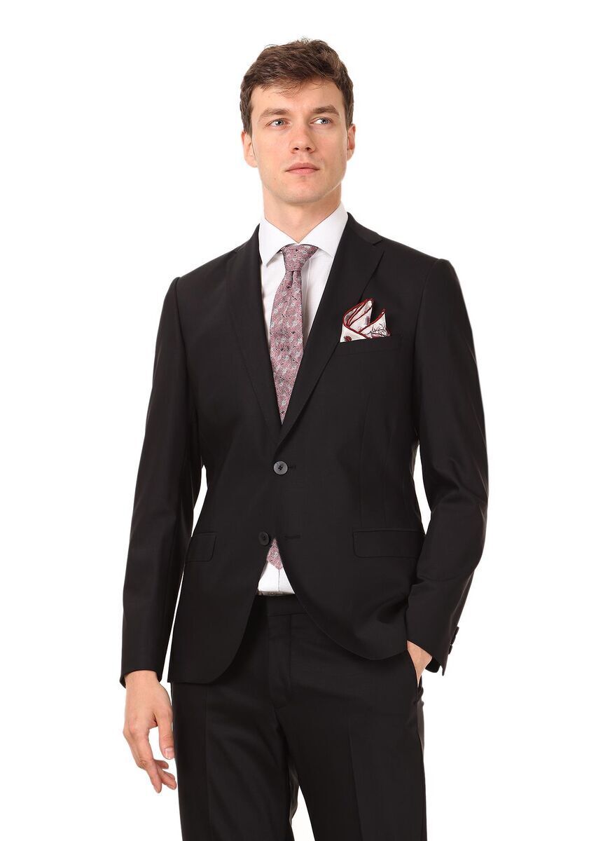 Black Plain Regular Fit Wool Blended Suit - 1