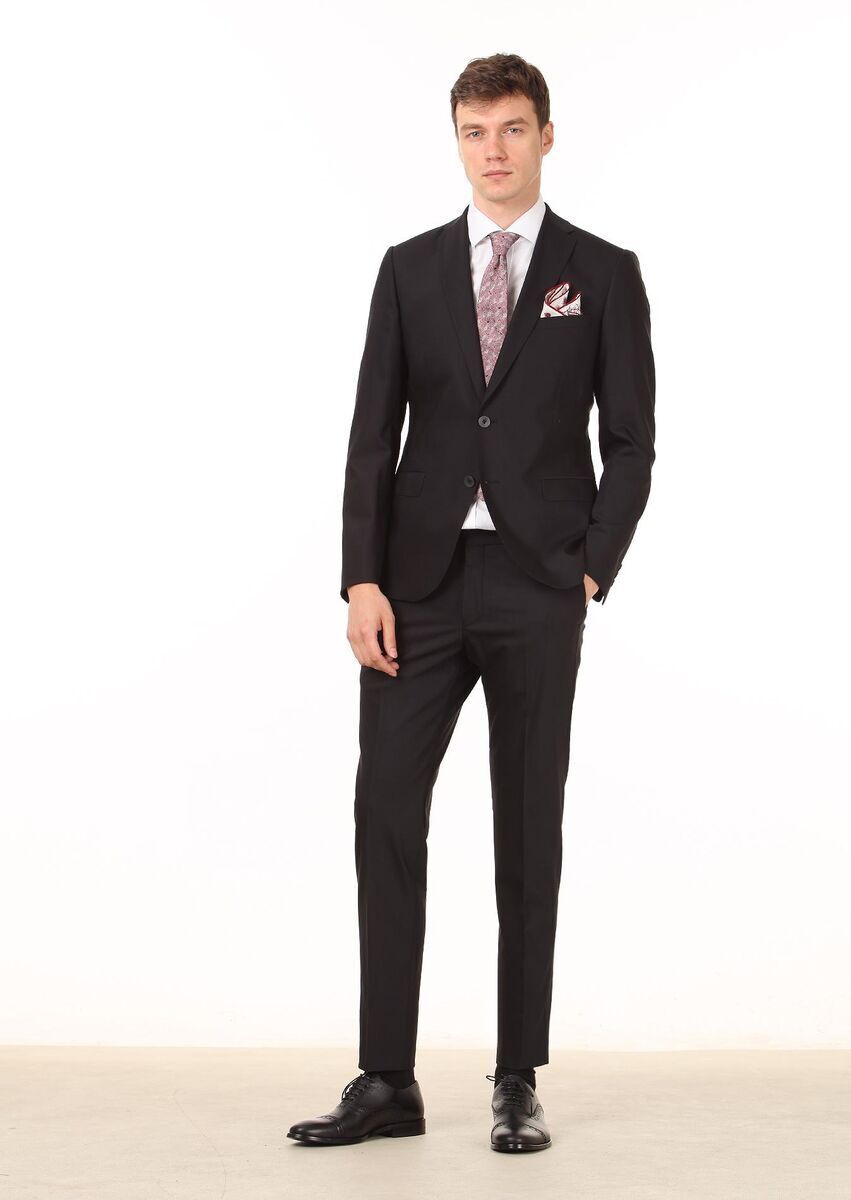 Black Plain Regular Fit Wool Blended Suit - 2