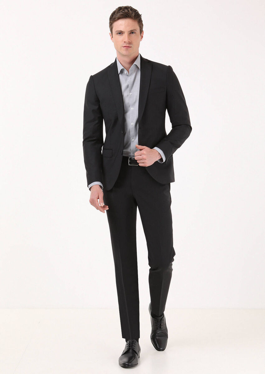 Black Plain Regular Fit Wool Blended Suit - 1