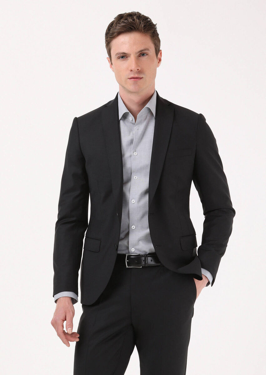 Black Plain Regular Fit Wool Blended Suit - 3