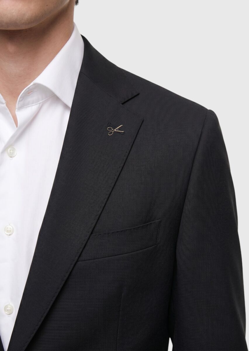 Black Plain Regular Fit Wool Blended Suit - 3
