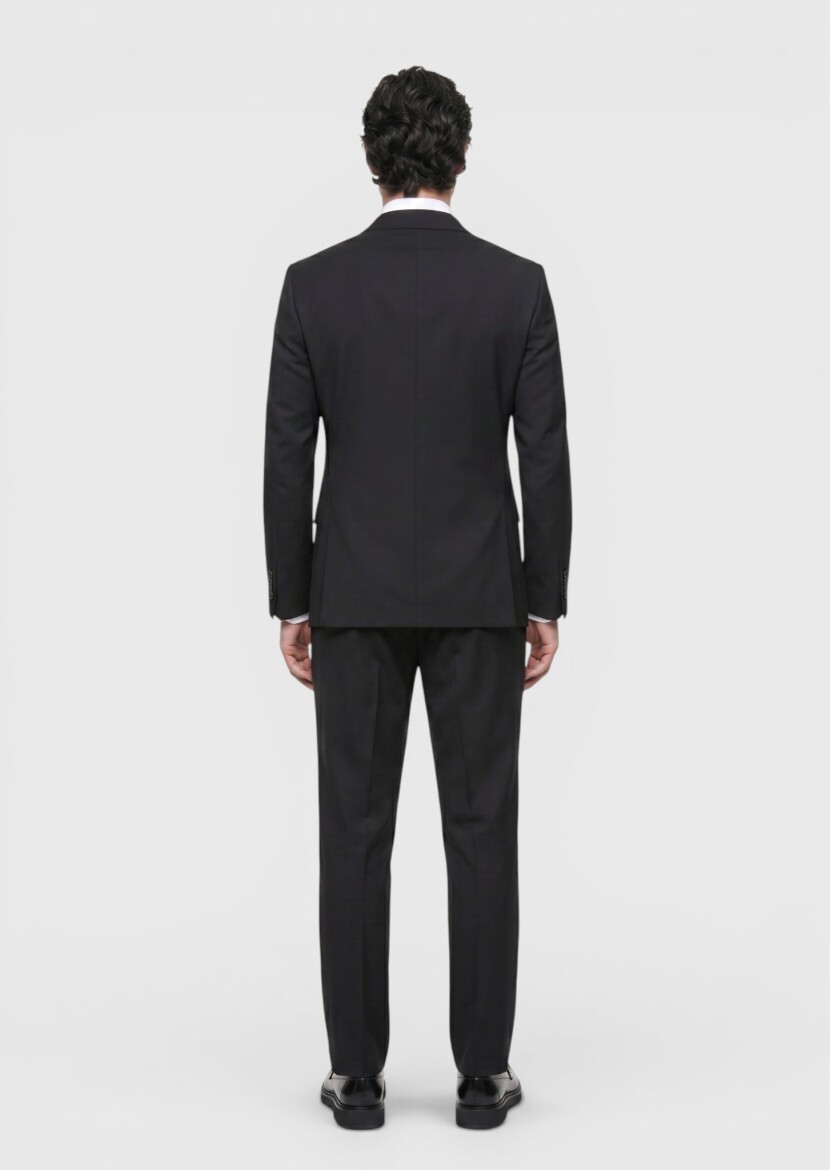 Black Plain Regular Fit Wool Blended Suit - 5