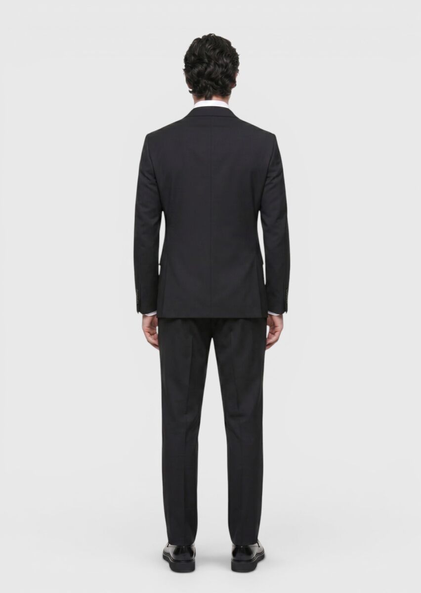 Black Plain Regular Fit Wool Blended Suit - 5