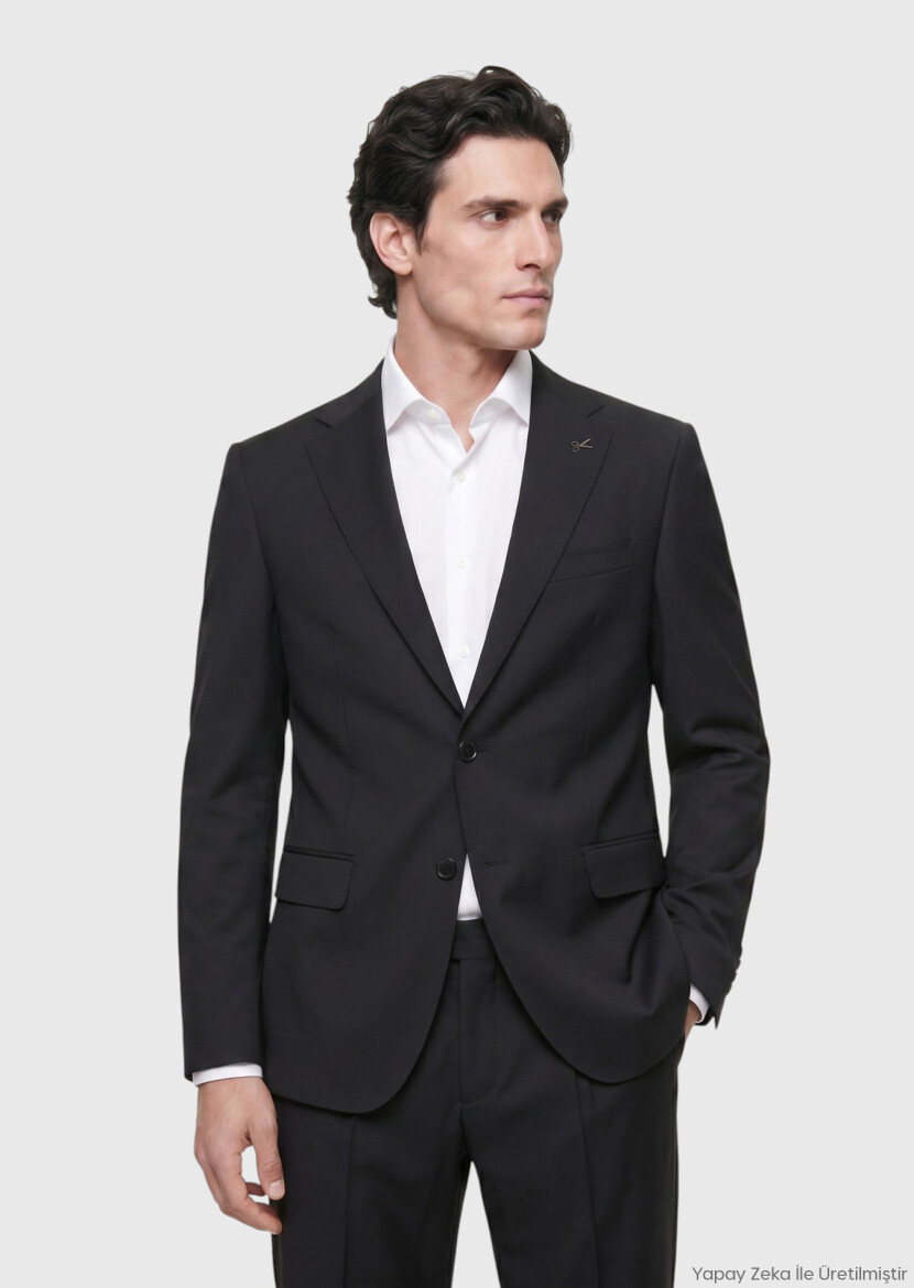 Black Plain Regular Fit Wool Blended Suit - RAMSEY