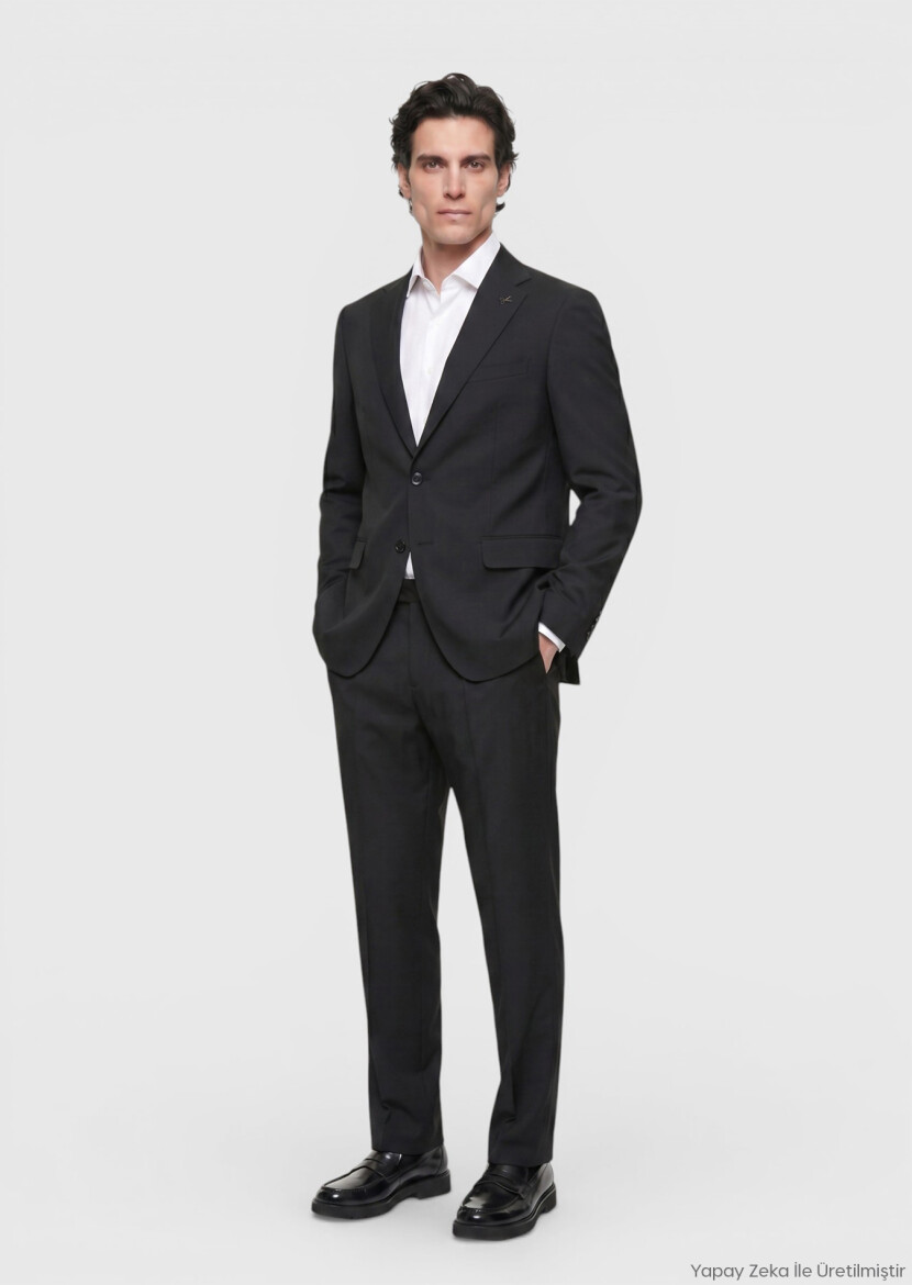 Black Plain Regular Fit Wool Blended Suit - RAMSEY