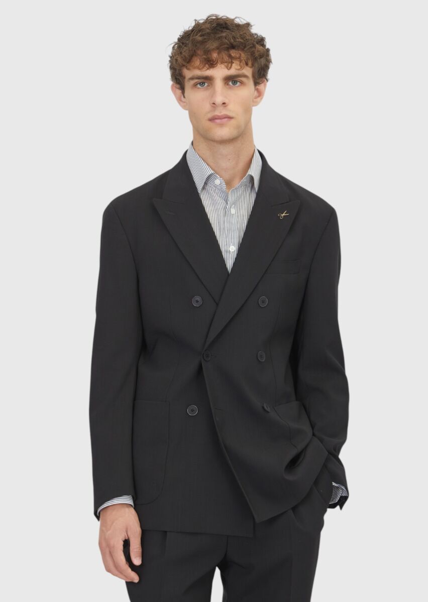 Black Plain Relaxed Fit 100% Wool Suit - 1