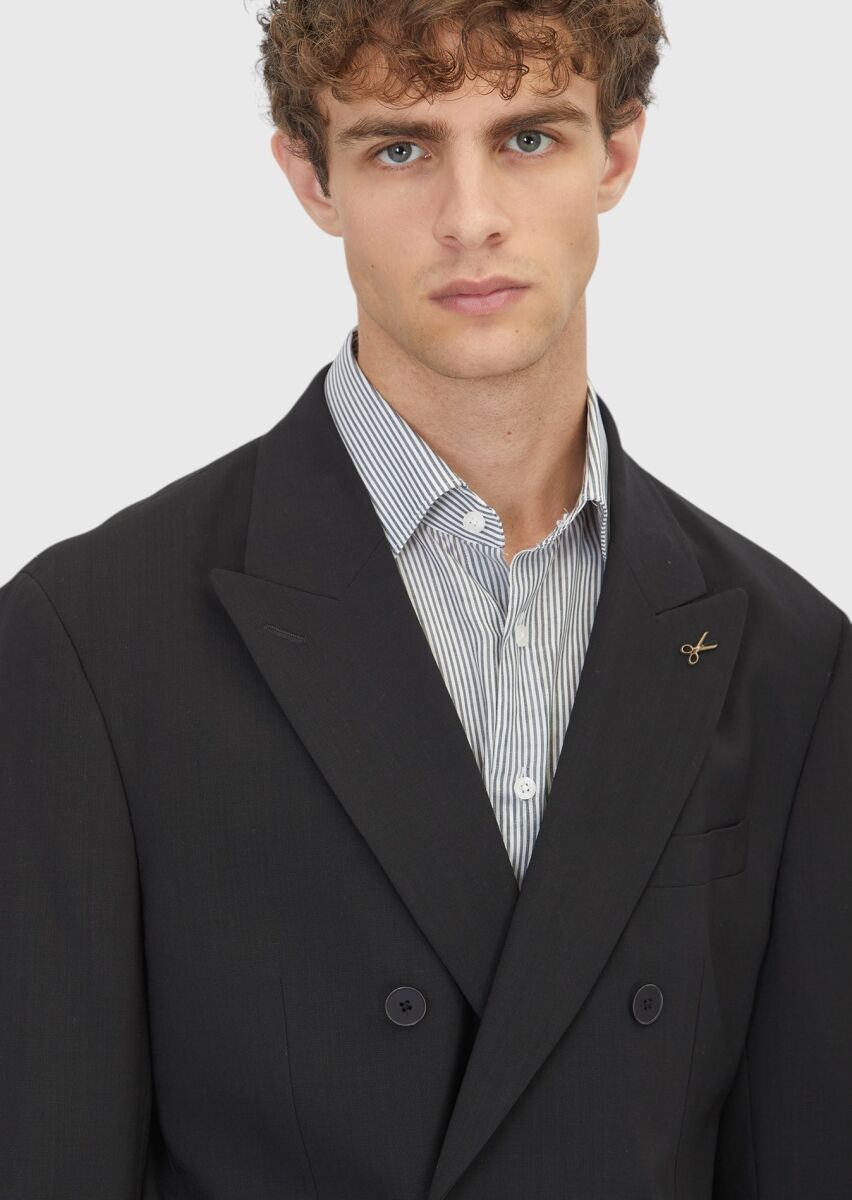 Black Plain Relaxed Fit 100% Wool Suit - 4