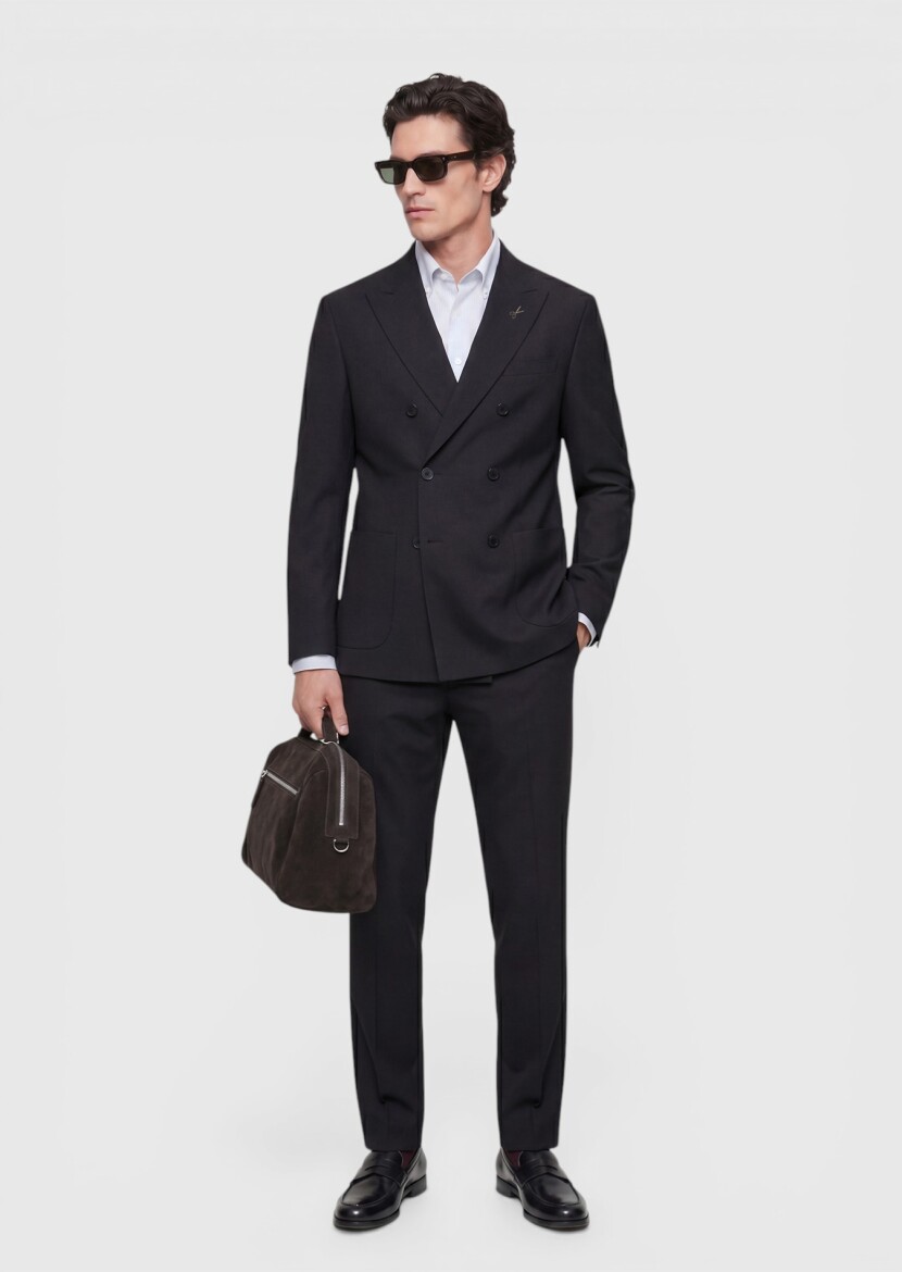 Black Plain Relaxed Fit 100% Wool Suit - 1