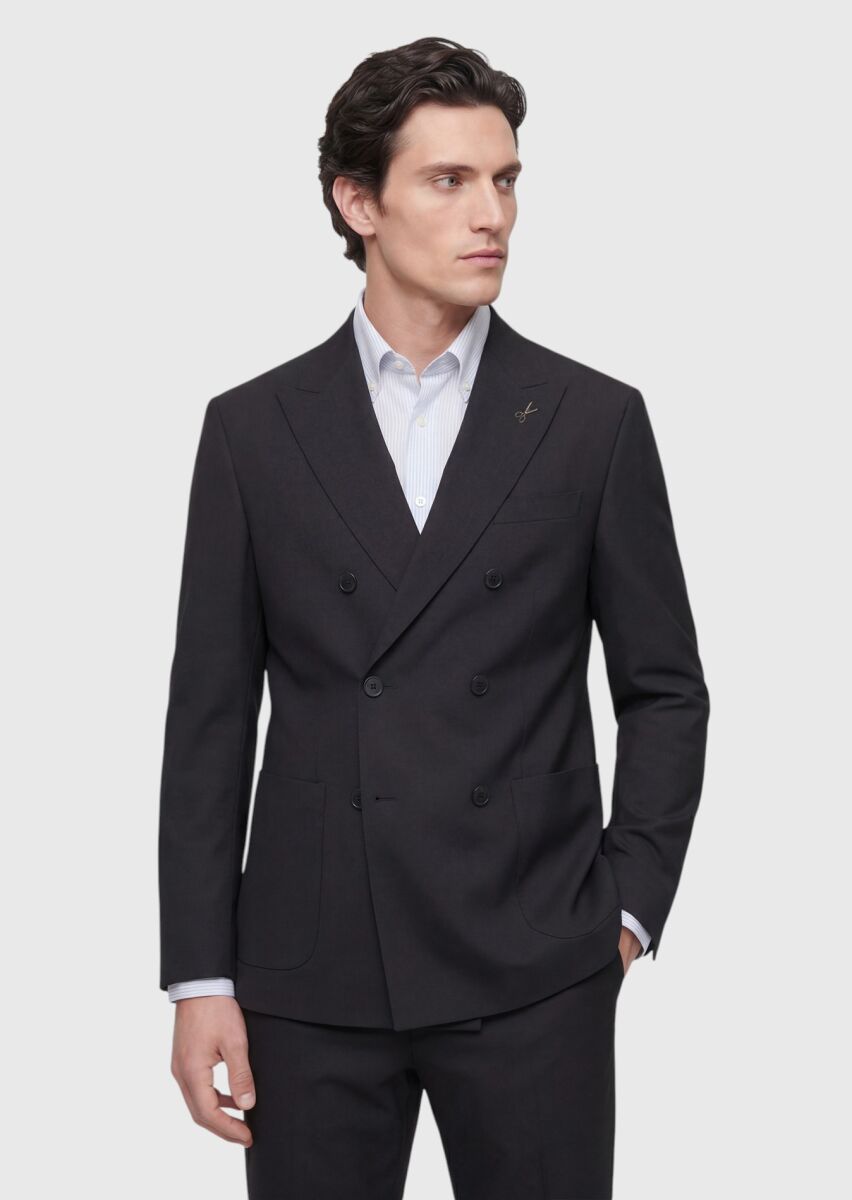 Black Plain Relaxed Fit 100% Wool Suit - 2