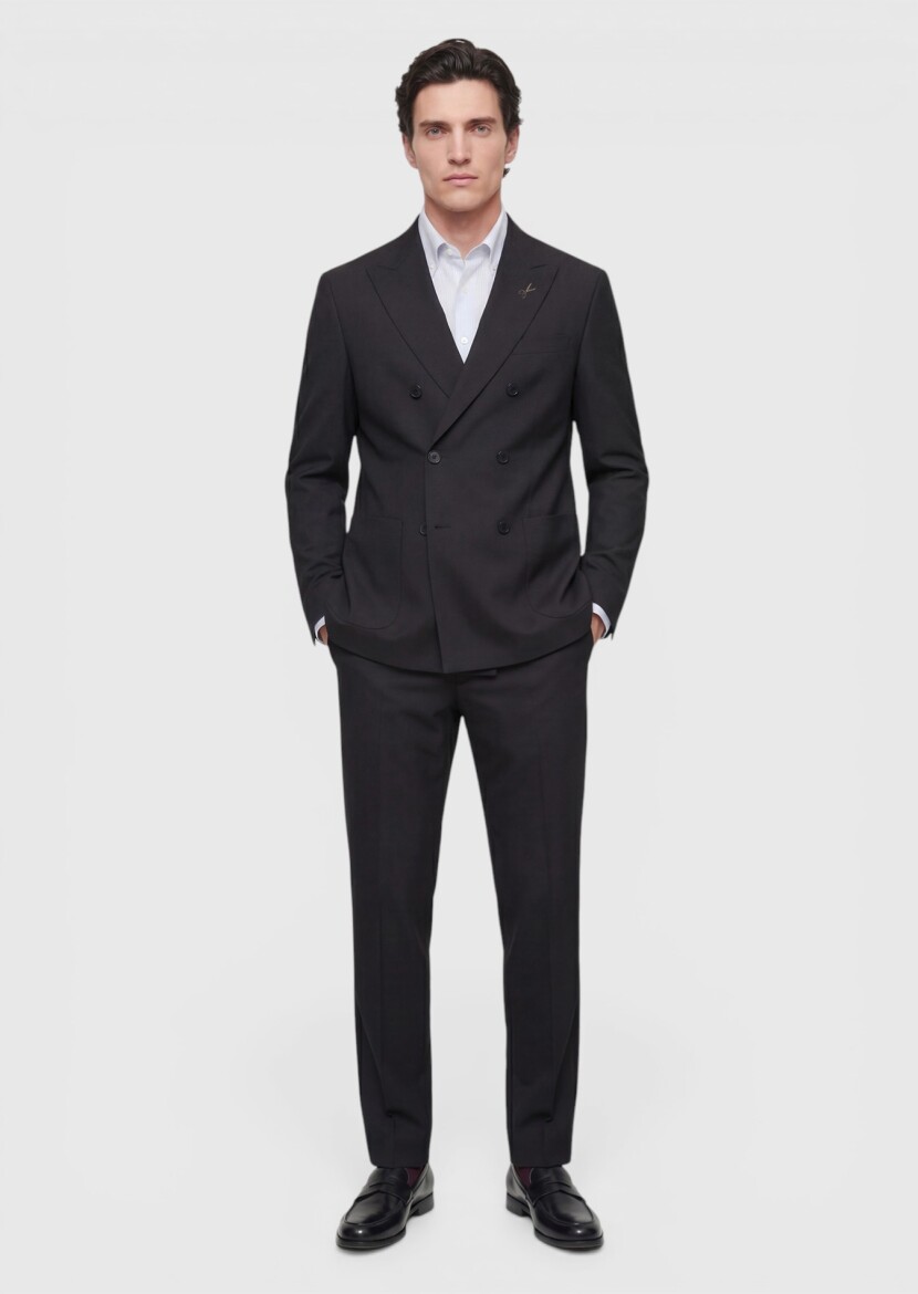 Black Plain Relaxed Fit 100% Wool Suit - 3