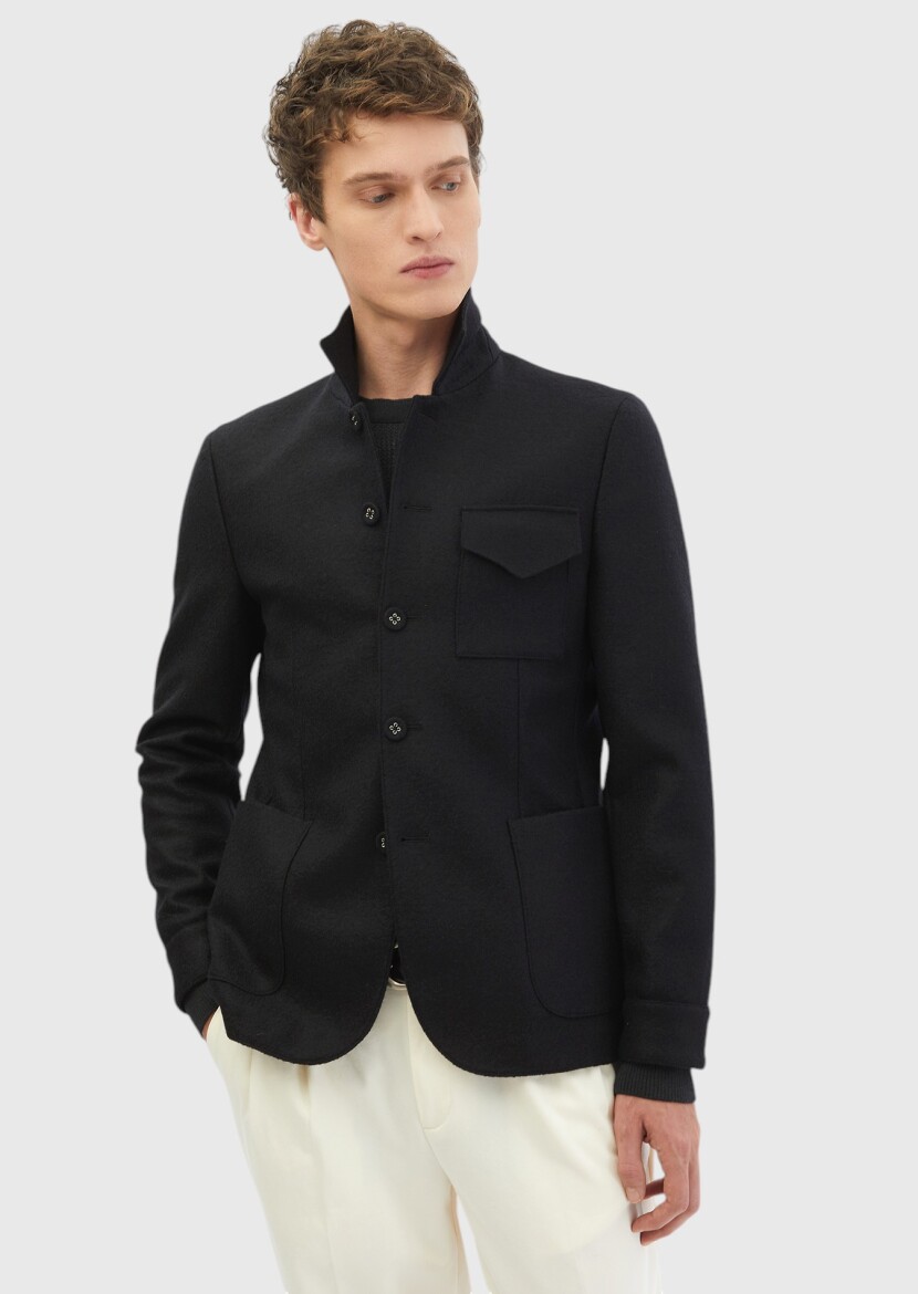 Black Plain Shirt Shoulder Slim Fit 100% Wool Jacket - 1