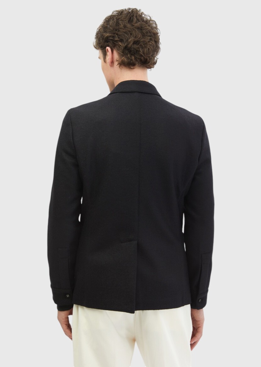 Black Plain Shirt Shoulder Slim Fit 100% Wool Jacket - 6