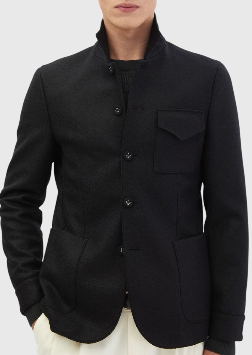 Black Plain Shirt Shoulder Slim Fit 100% Wool Jacket - 4