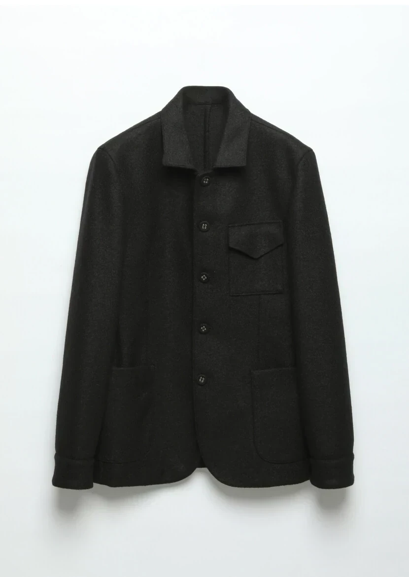 Black Plain Shirt Shoulder Slim Fit 100% Wool Jacket - 7