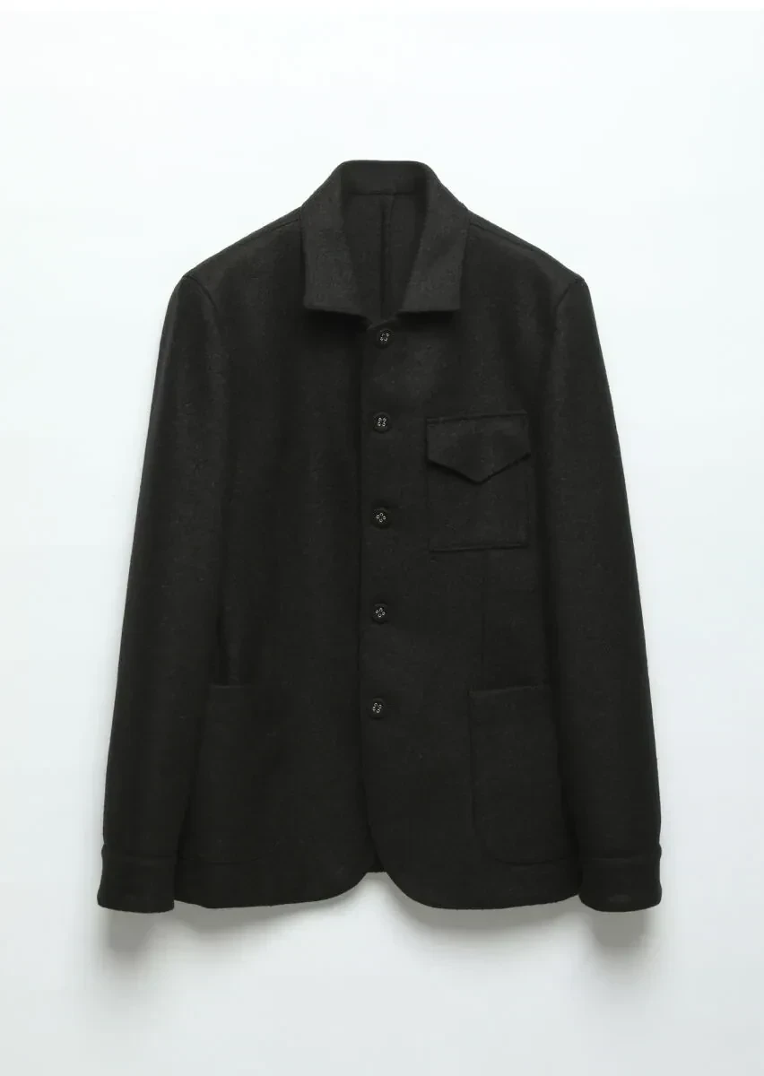 Black Plain Shirt Shoulder Slim Fit 100% Wool Jacket - 7