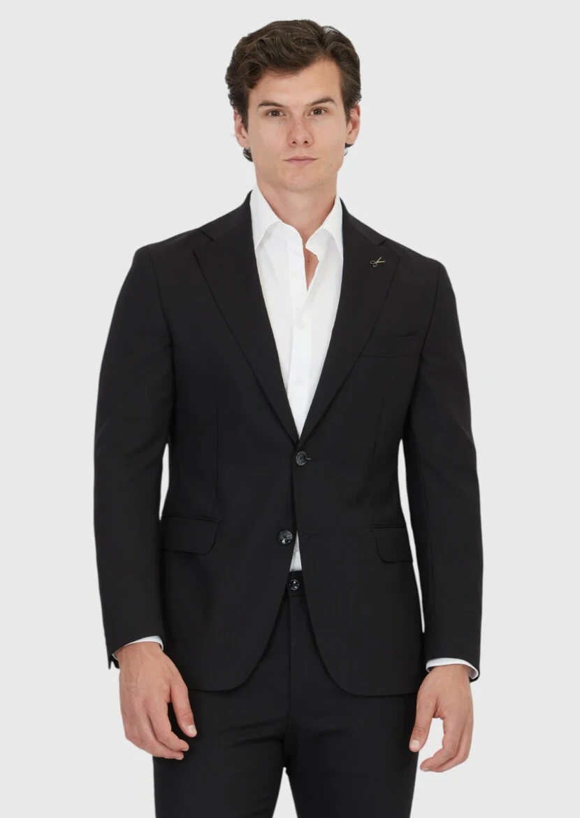 Black Plain Shirt Shoulder Slim Fit 100% Wool Jacket - 1