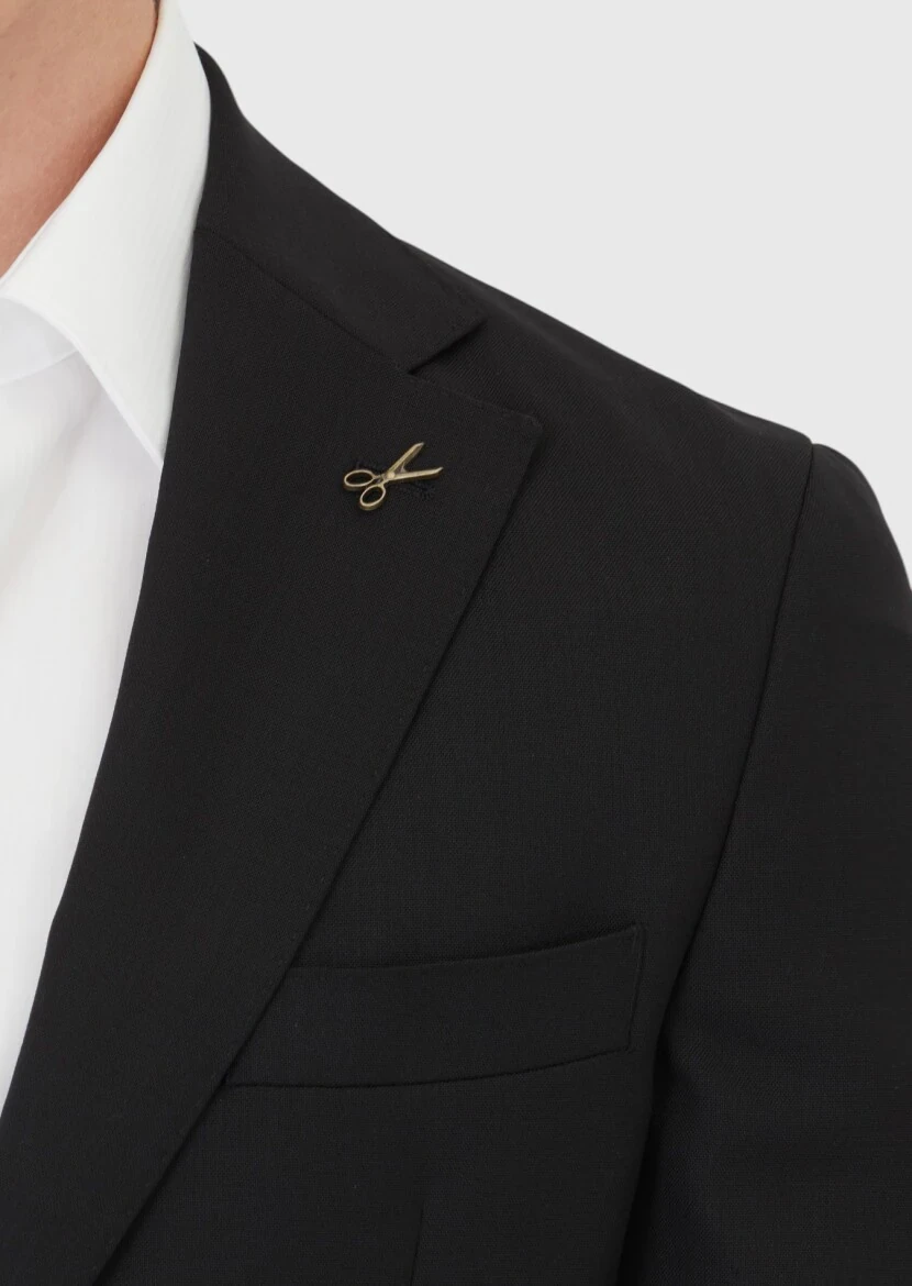 Black Plain Shirt Shoulder Slim Fit 100% Wool Jacket - 4