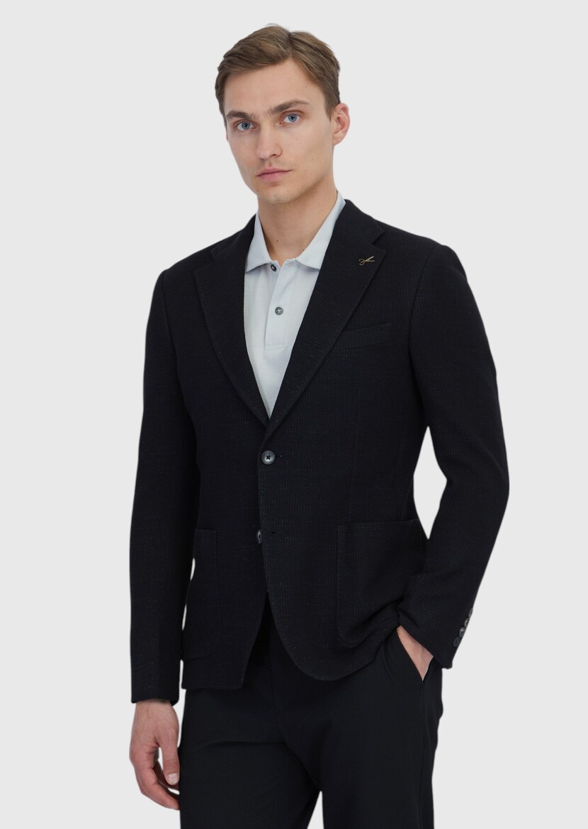 Black Plain Shirt Shoulder Slim Fit Cotton Blended Jacket - 1