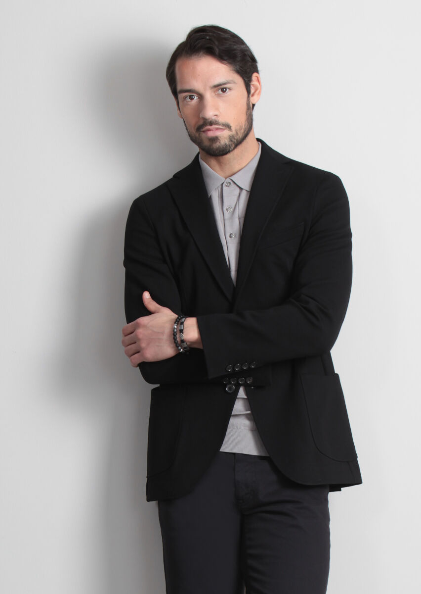 Black Plain Shirt Shoulder Slim Fit Jacket - 1