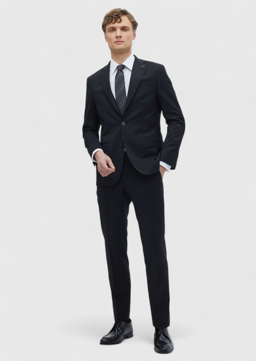 Black Plain Slim Fit 100% Wool Suit - 2