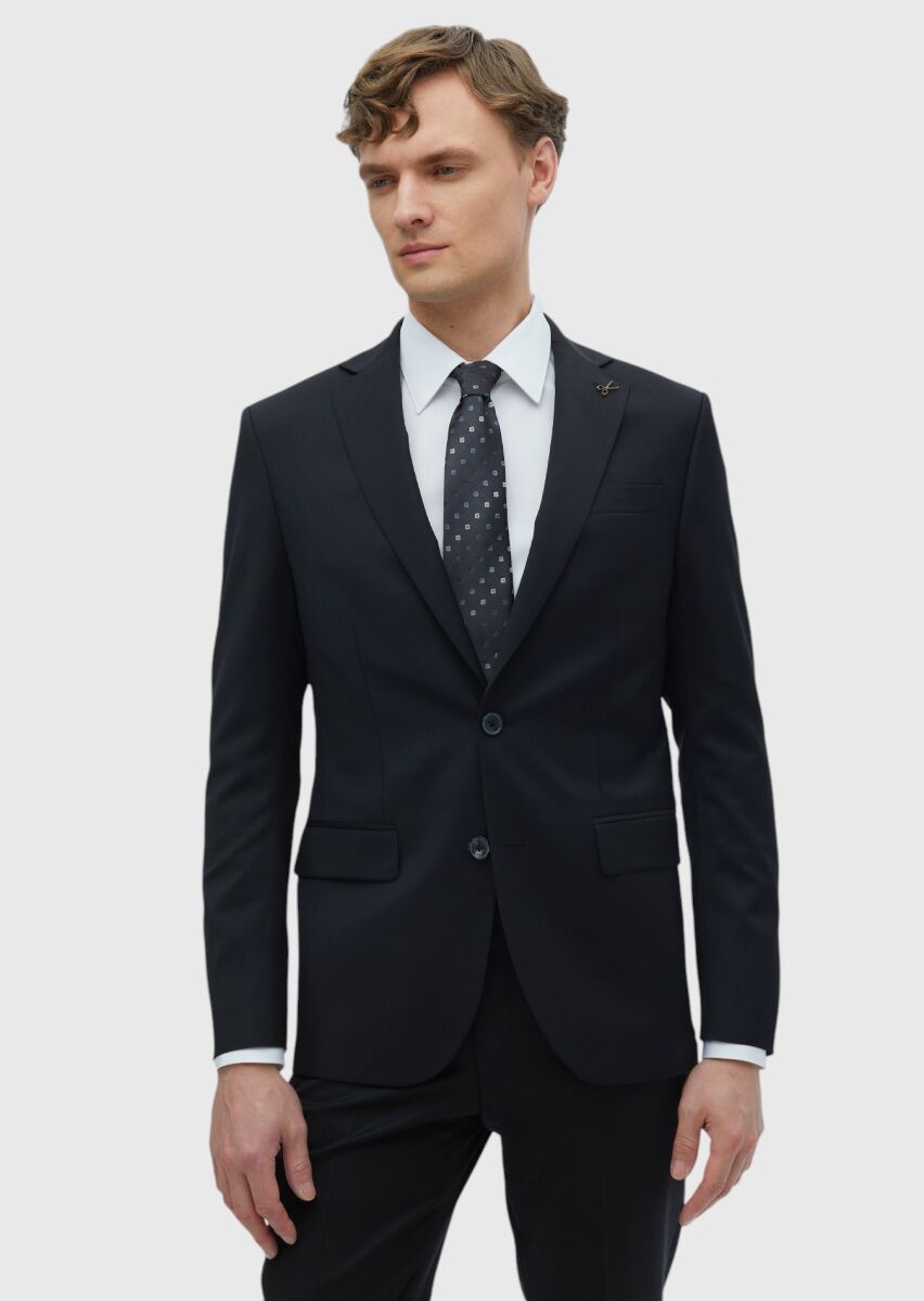 Black Plain Slim Fit 100% Wool Suit - 4