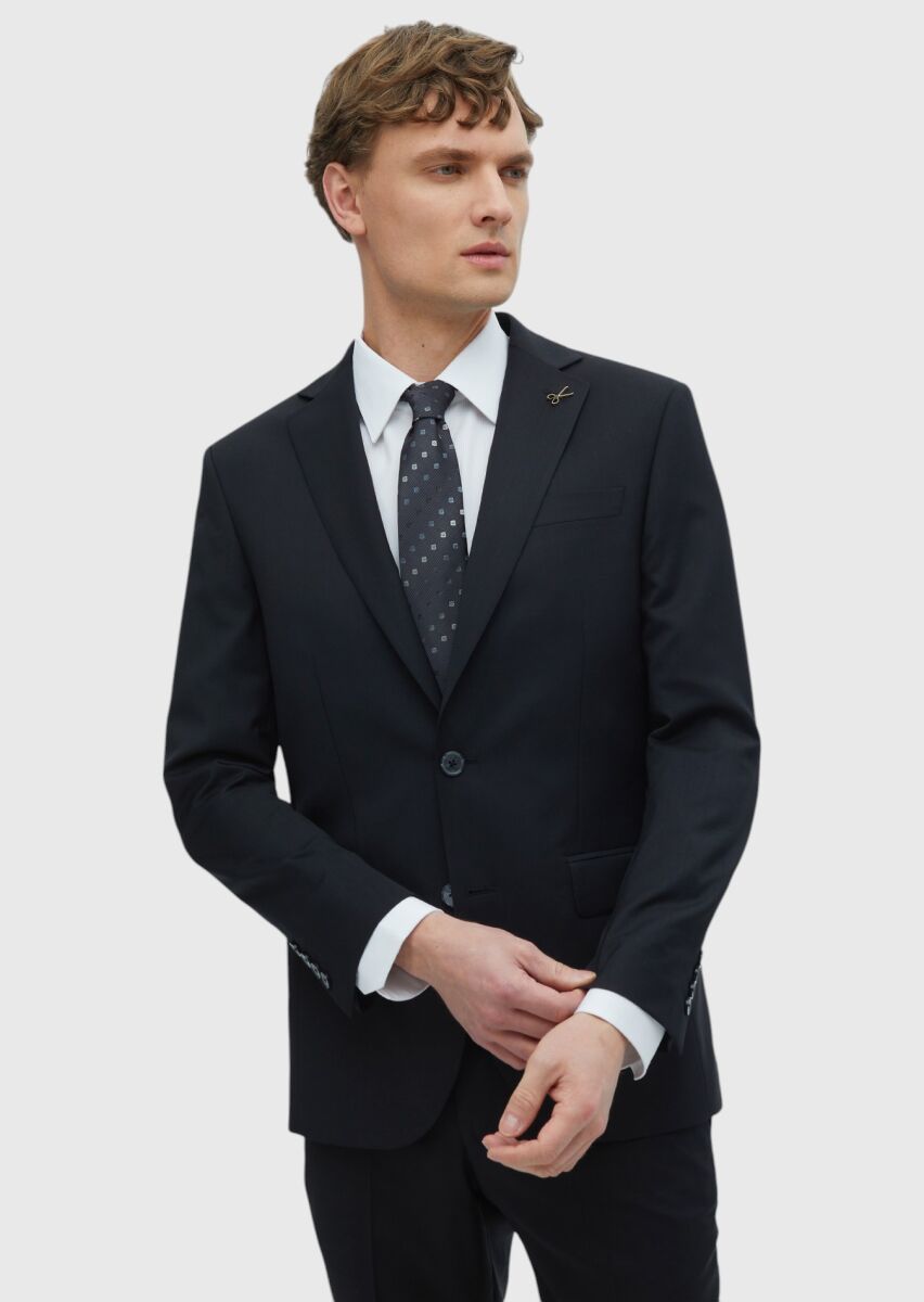 Black Plain Slim Fit 100% Wool Suit - 6
