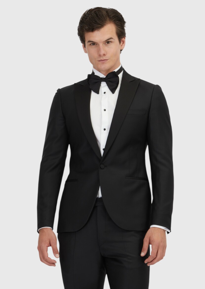 Black Plain Slim Fit Double Breasted Collar Weaving Tuxedo - RAMSEY