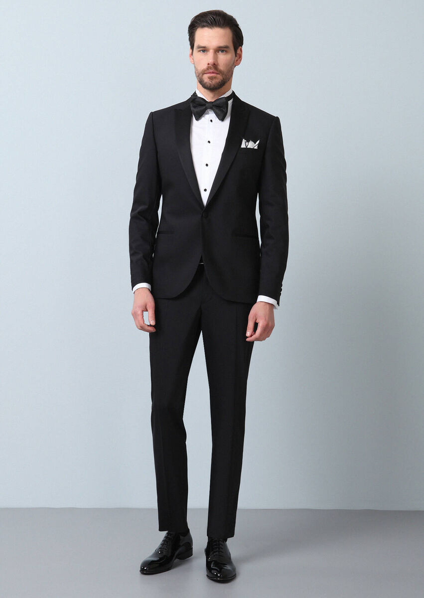 Black Plain Slim Fit Double Breasted Collar Weaving Tuxedo - 1