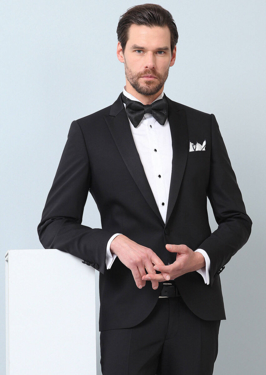 Black Plain Slim Fit Double Breasted Collar Weaving Tuxedo - 2